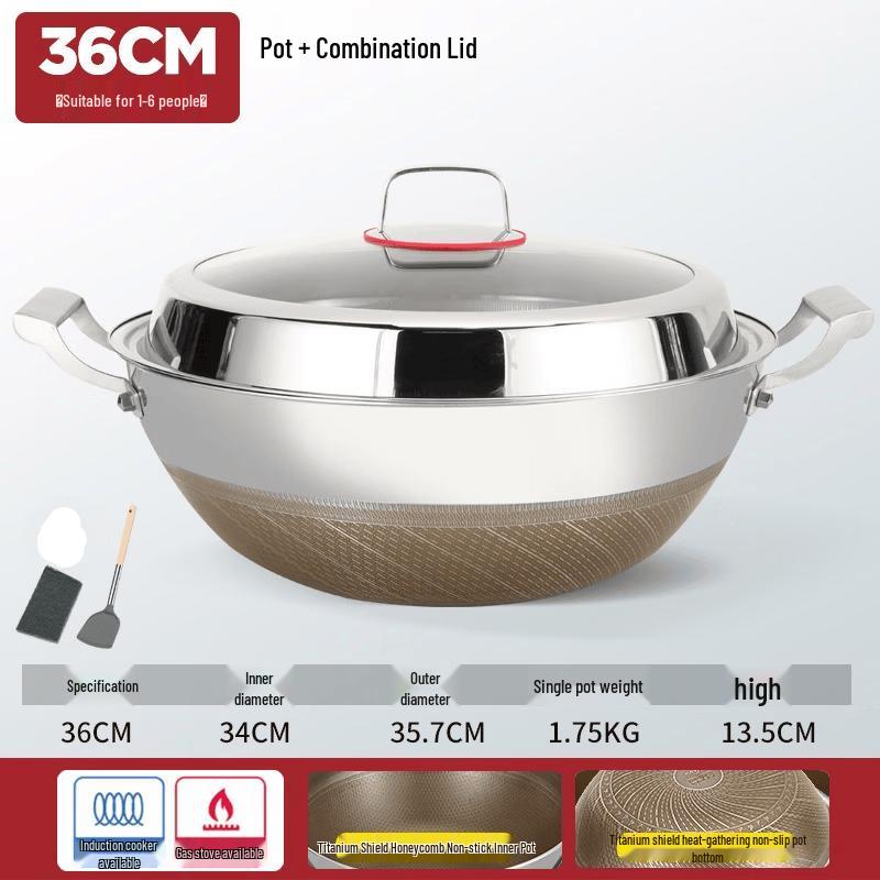 

ZISIZ 36cm Coating-Free Titanium Deep Stew Wok with Lid