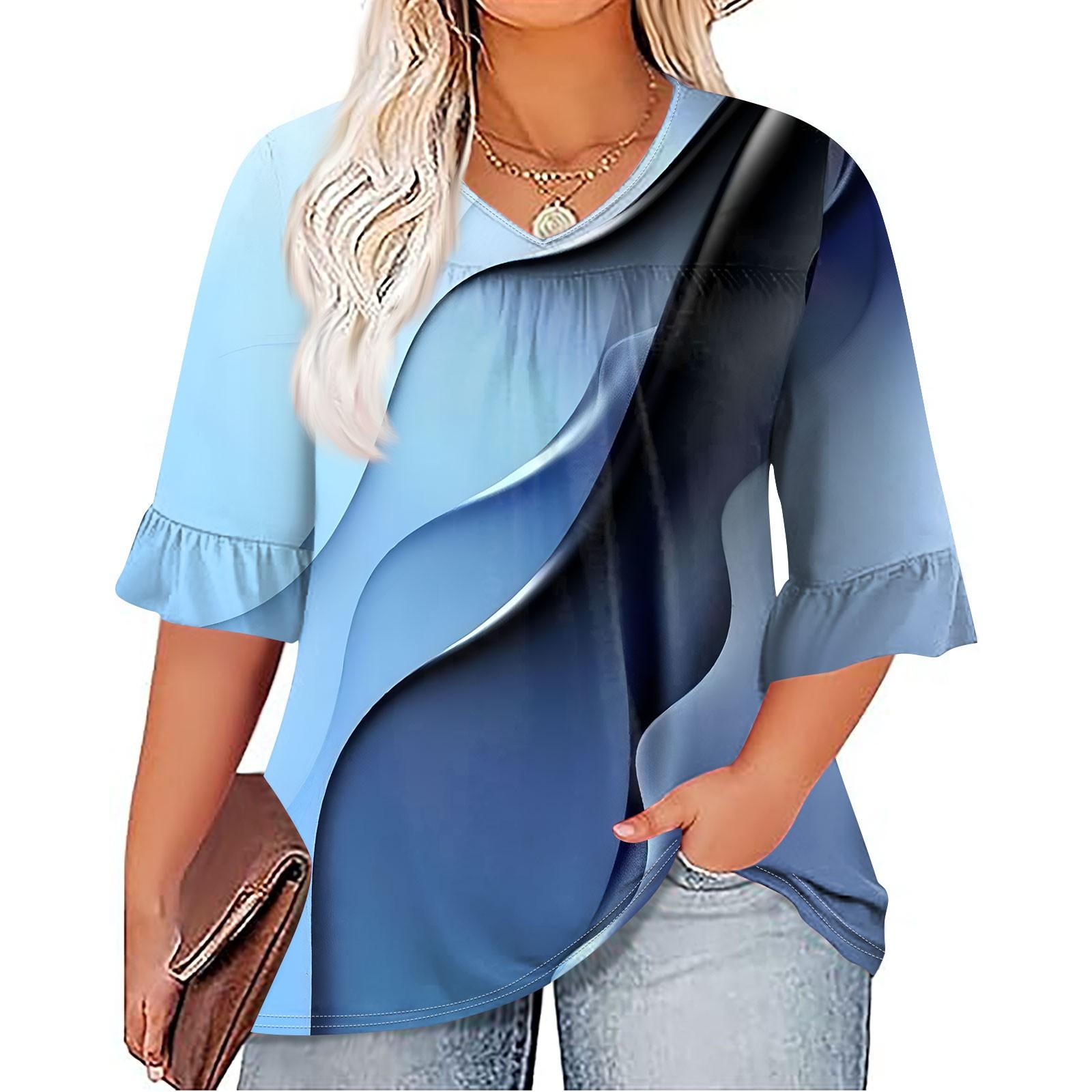 

Женская мода, повседневная плиссированная футболка с v-образным вырезом и принтом, семиминутная футболка с рюшами и рукавами, топы больших размеров XXL синий