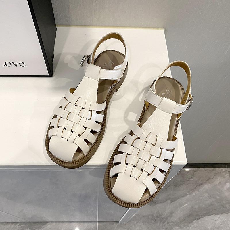 Mode Damen Sandalen Baotou Einzeilige Schnalle Niedrigen Absätzen Sandalen Damen 2024 Sommer Geflochtene Römische Damenschuhe Flache Damen Sandalen