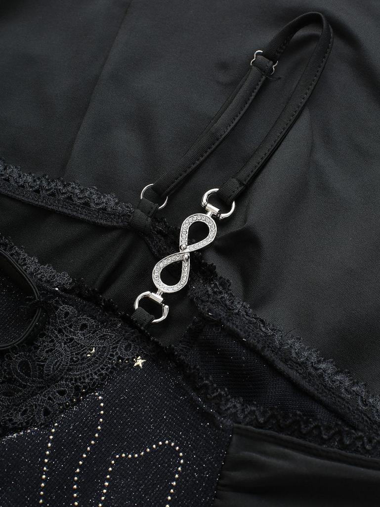 Rosegal Plus Size Star Stamping Lace-up Lace Trim Cold Shoulder Ruffles Top