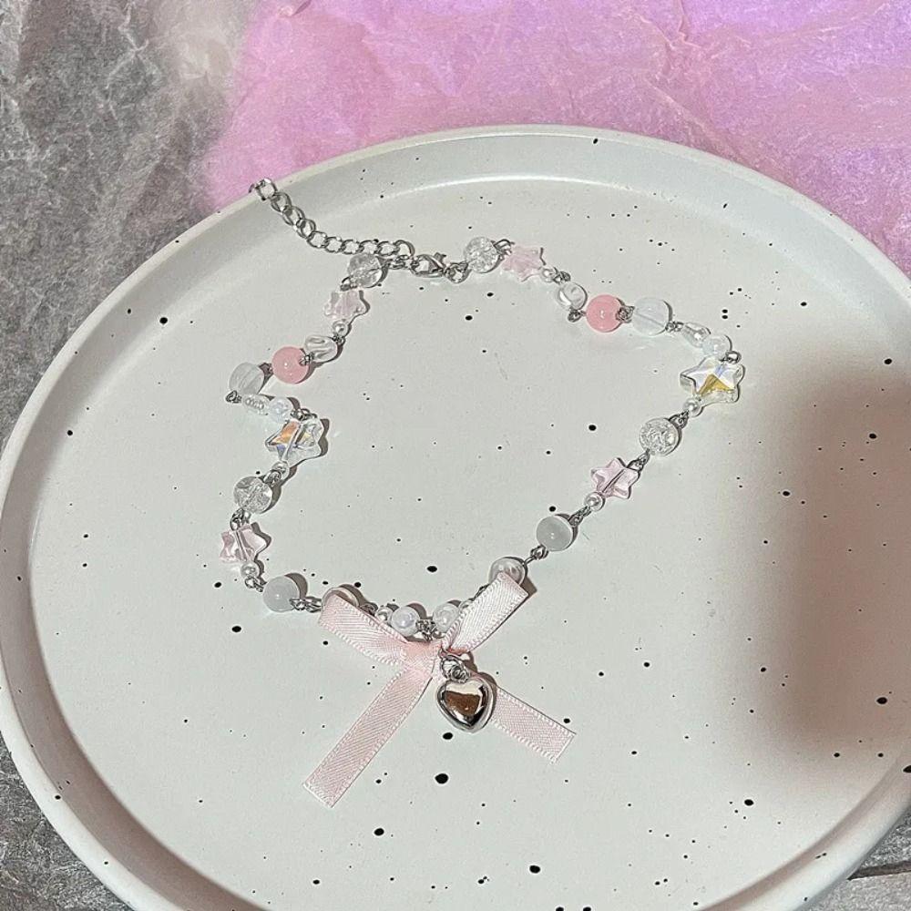Zircon Bowknot Pendant Choker Korean Style Balletcore Choker Pink Bow Necklace Birthday Gift