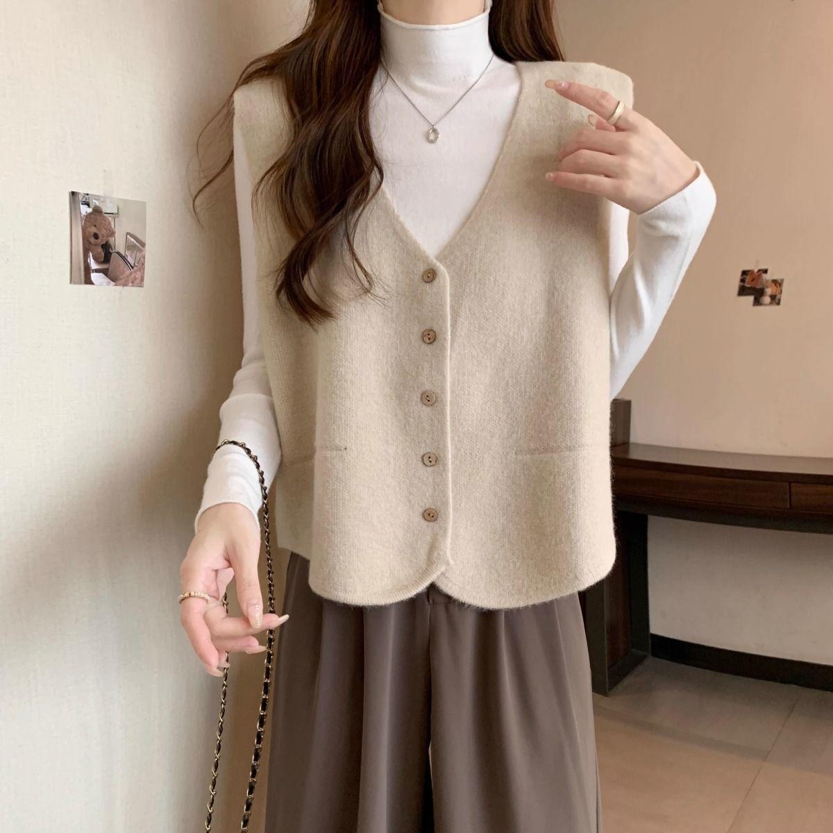 

Oversized Knitted Sweater Vest Loose Outerwear Gilet S абрикосовий