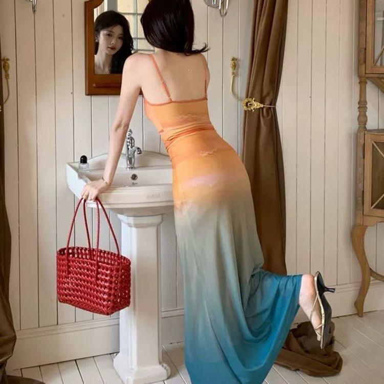 Seaside Vacation Style Temperament Gradual Change Color Suspender Dress Women Summer Travel Sexy Hot Girls Beach Mesh Dress