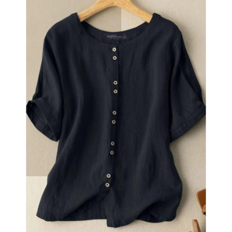 Summer Casual Loose Tunic Tops Women Vintage OL Shirt O Neck Short Sleeve Blouse Solid Cotton Blusas Buttons Down Chemise