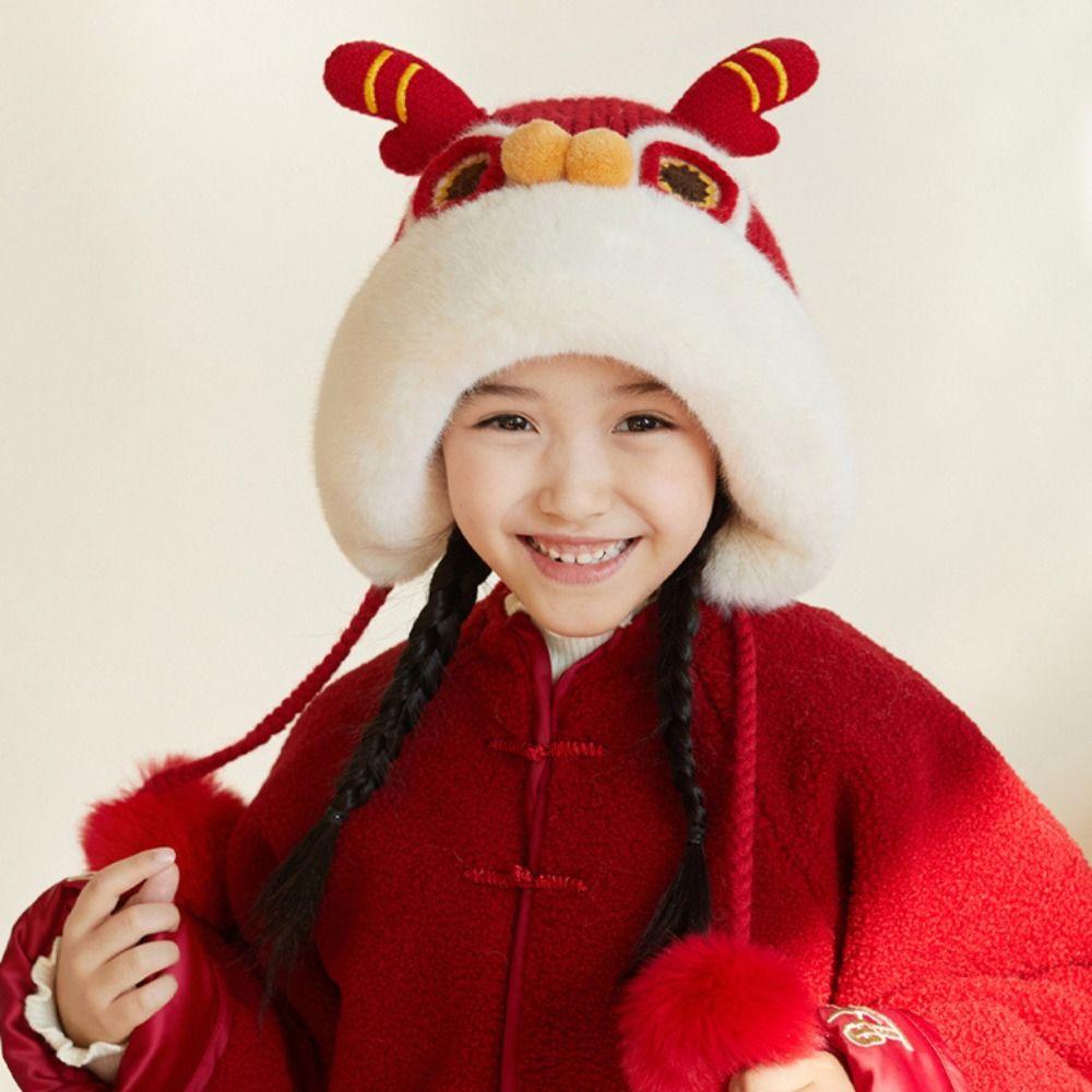 Chinese Style Children Fleece Hat Hairball Kids Beanie Cap Warm New Year Lion Cap  Ear Protector