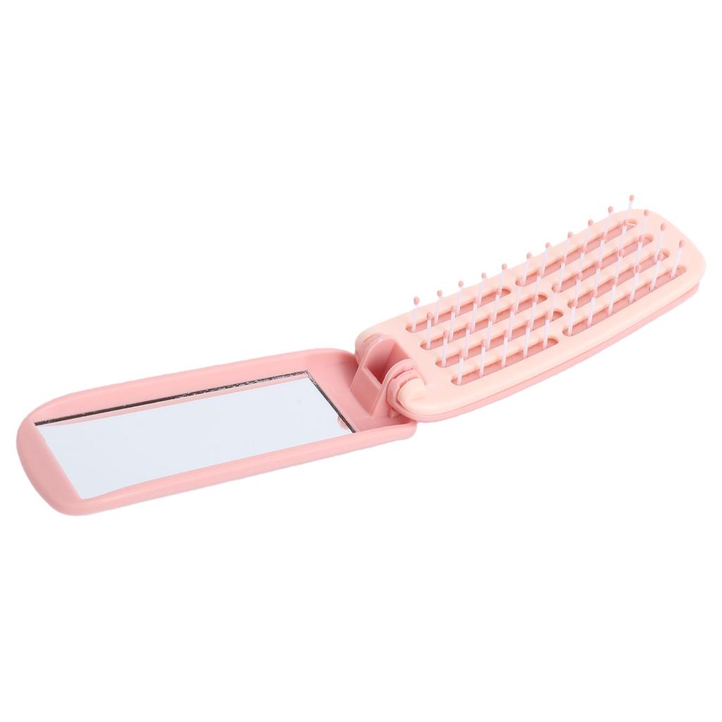Self Cleaning Pocket Folding Hair Brush Portable Travel Hair Brush with Mirror for Women Travel Pink