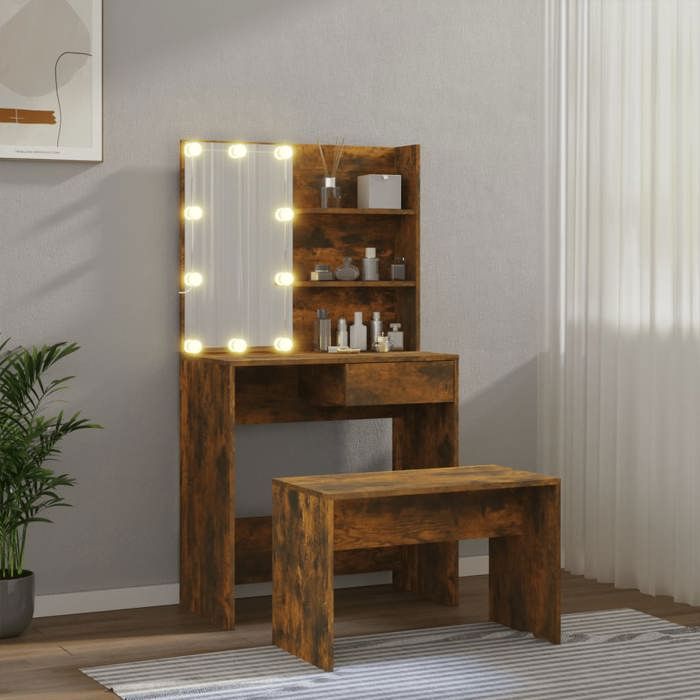 VidaXL Vanity Set with LED Cosmetic Table Makeup Vanity Table Jewelry Table Bedroom Smoked Oak 3114112