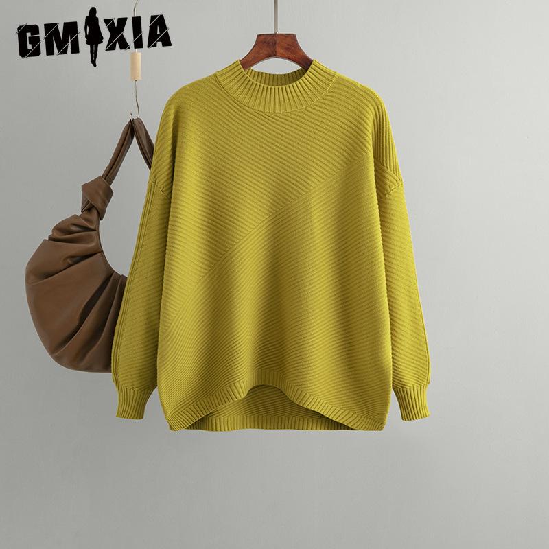 GMXIA Autumn and Winter Retro Loose Large-sized Long-sleeved Top, Solid Color Pullover Knitted Sweater, Women's Semi-high-neck Sweater Base Layer