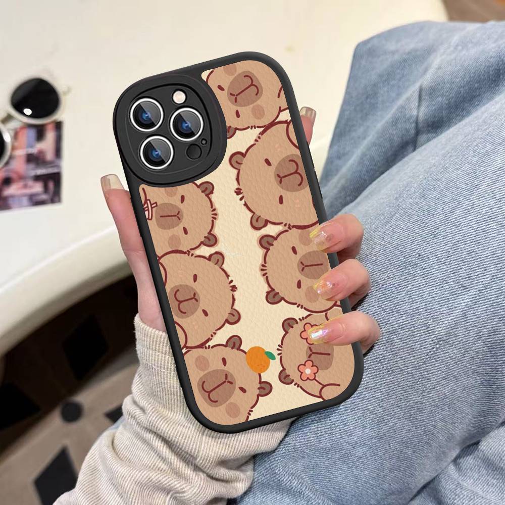 Cartoon Capybara Leather Phone Case For IPhone 16 16e 15 14 13 12 11 Pro Max Plus Mini Cover