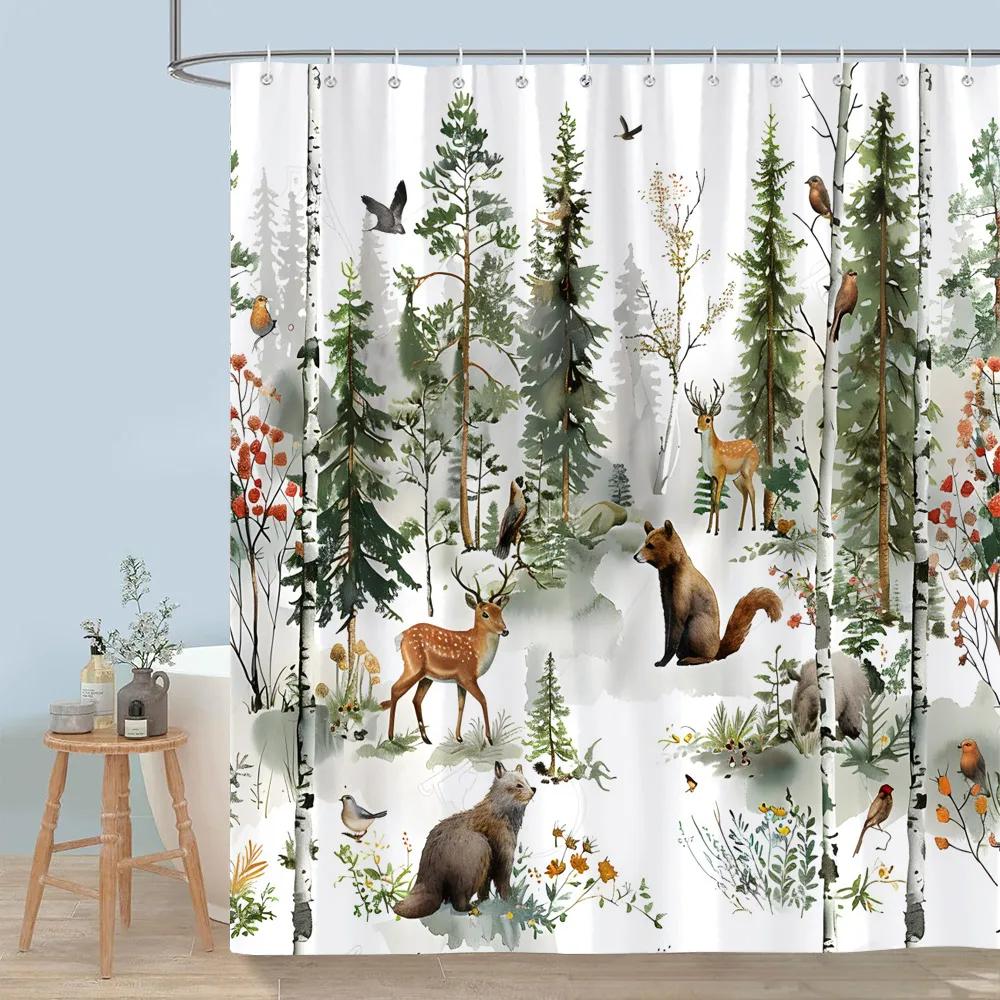 

Cute Forest Animals Shower Curtain Winter Snow Fox Red Bird Deer Bear Rabbit Polyester Shower Curtains Bathroom Decor with Hooks 90x180cm