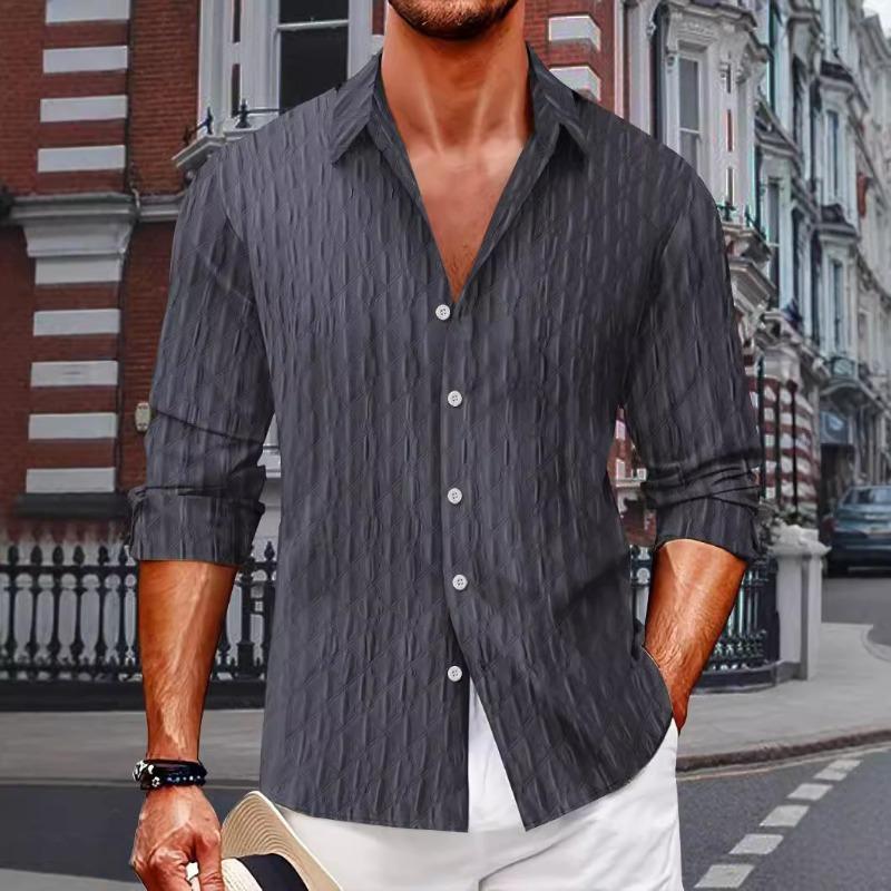 Camisa de Manga Larga a Cuadros Jacquard con Cuello Camisero de Solapa de Botón Único