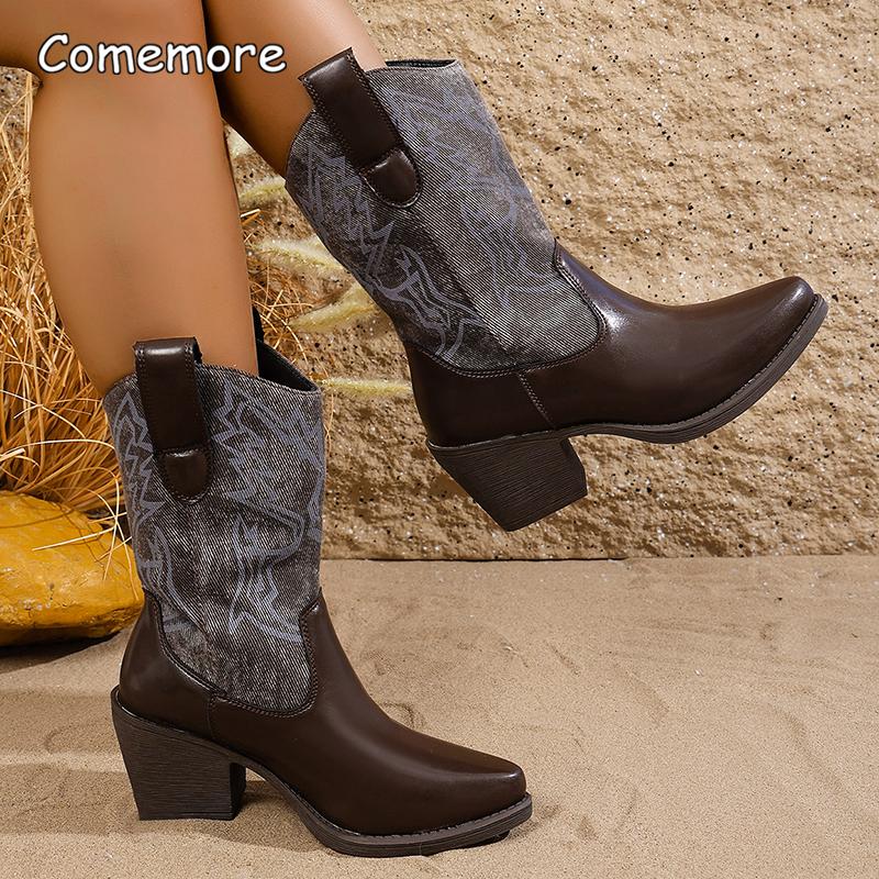 Retro Embroidered Women's Cowboy Boots Chunky High Heels Pointed Toe Autumn Boots Woman Brown PU Leather Western Botas De Mujer