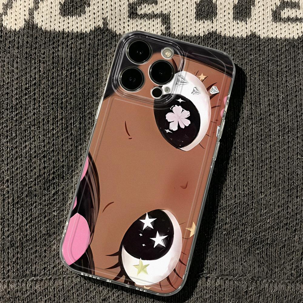 Fashion Stripe Anime Big-Eyed Girl Silicone Case For Iphone 13 16 Plus 12 15 11 17 14 Pro Max Trendy Striped Cover