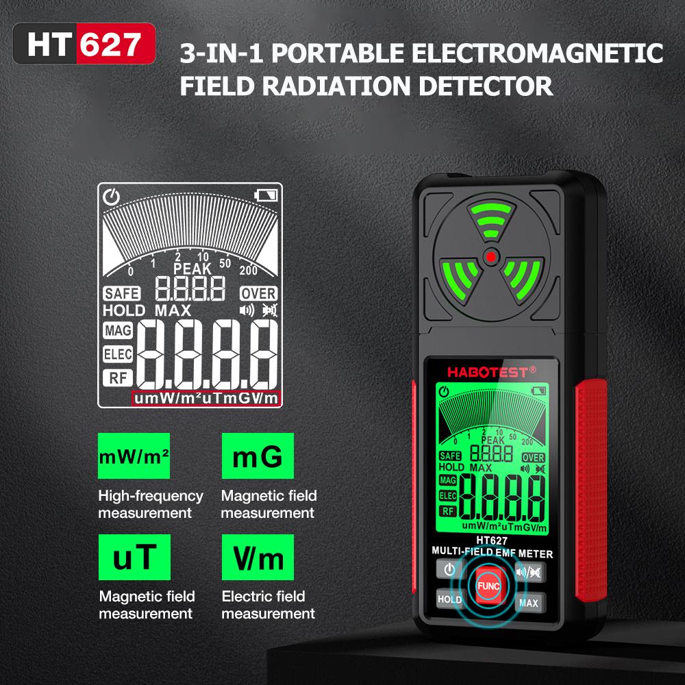 

HT627 EMF Meter 3-in-1 Portable Electromagnetic Field Radiation Detector for Electric Field/Magnetic Field/RF Radiation Detector