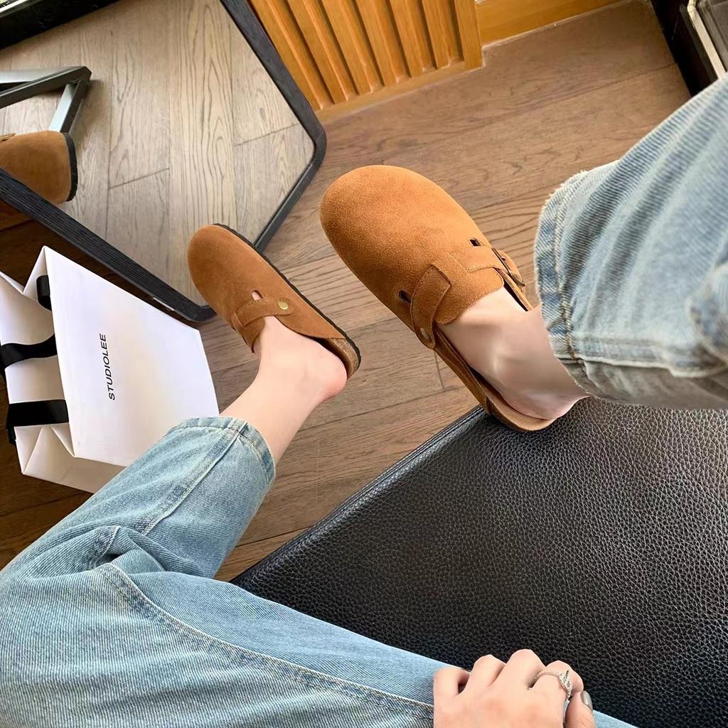 Cowhide version~ Soft-soled bag head half-drag thick-soled one-pedal flat-soled leather shoes for women