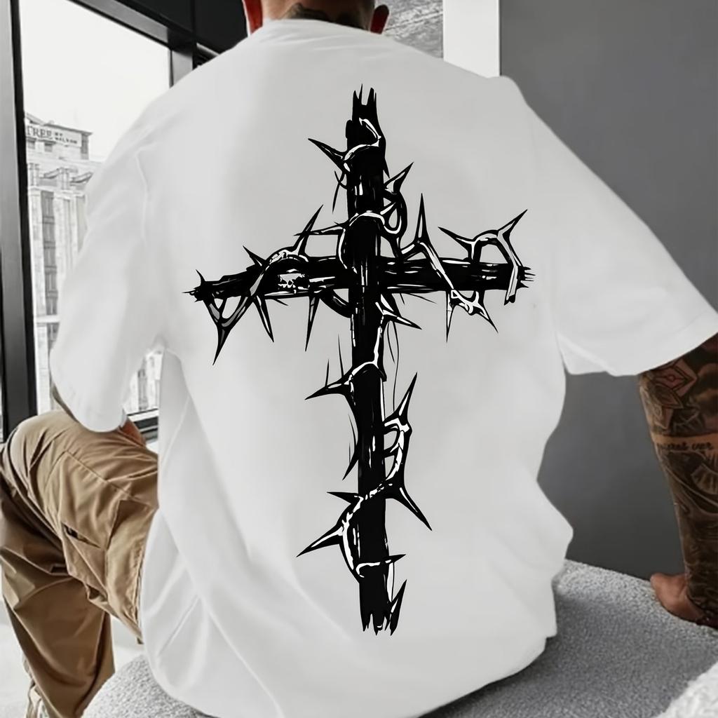 Summer men's 100% cotton comfortable casual wide plus size creative cross pattern printed round neck short sleeved T-shirt top