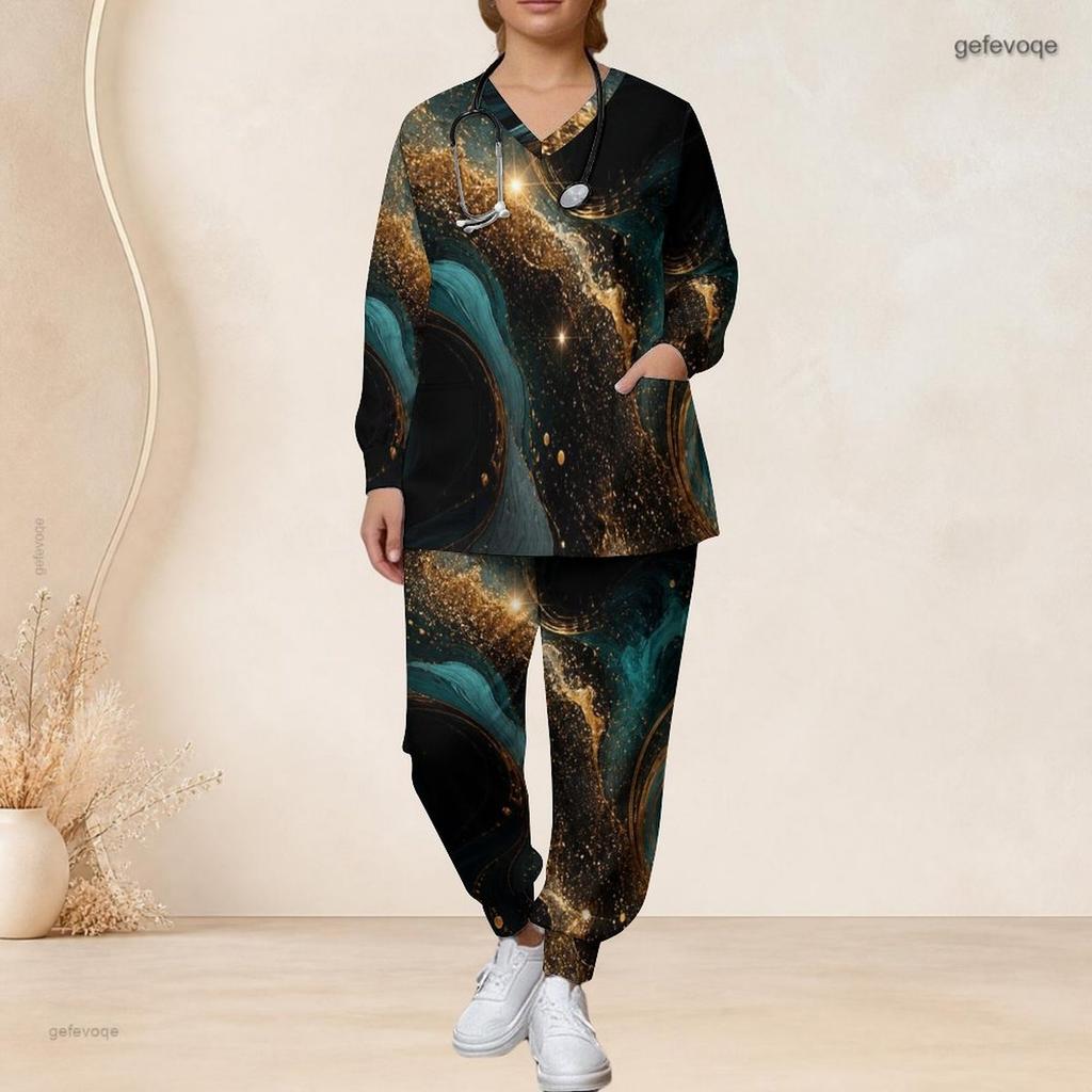 Women Plus Size Printed Nurse Scrub Set V Neck Long Sleeve Top With Pockets Long Pants