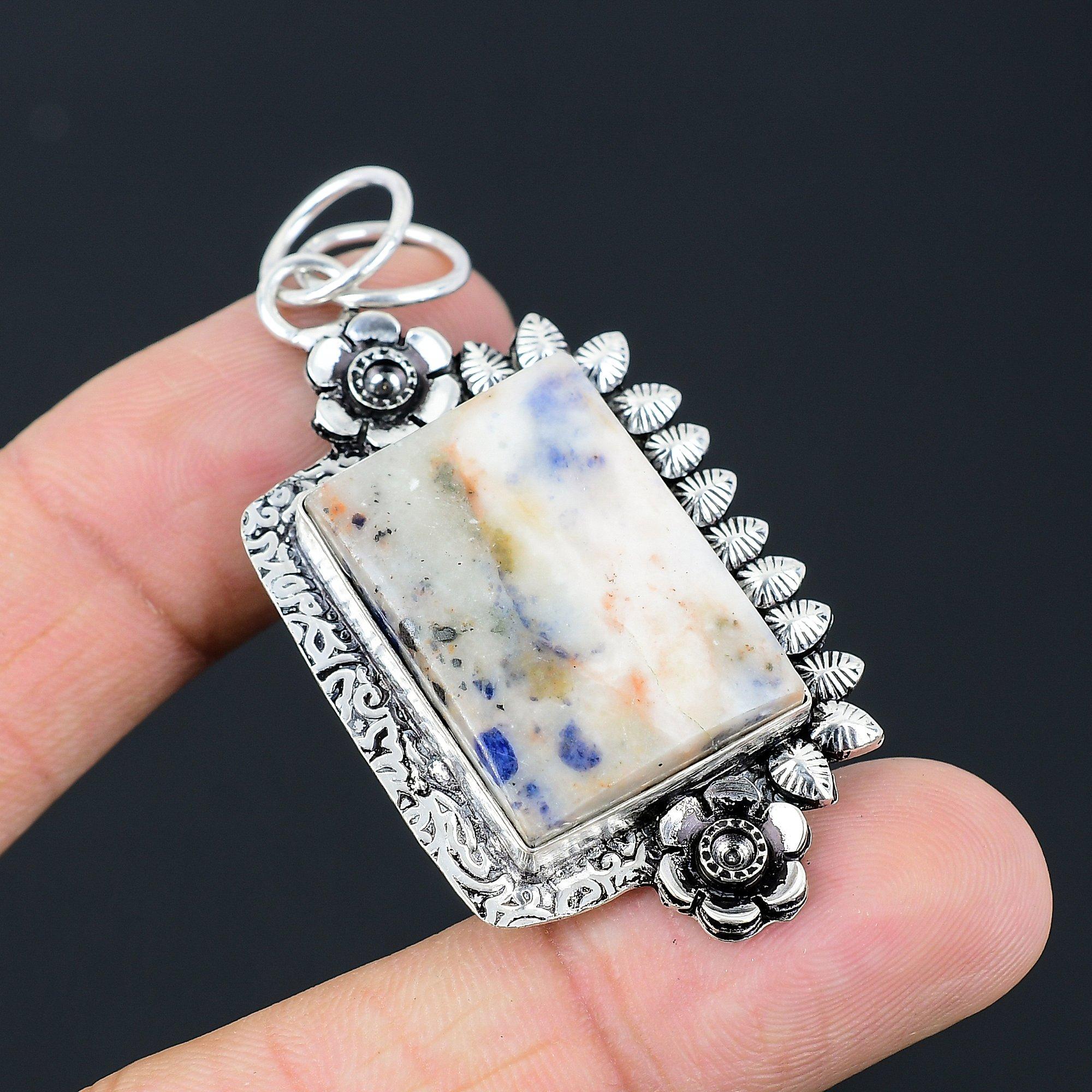 Daughters Day Sale 925 Sterling Silver Sodalite Stone New Flower Pendant Jewelry