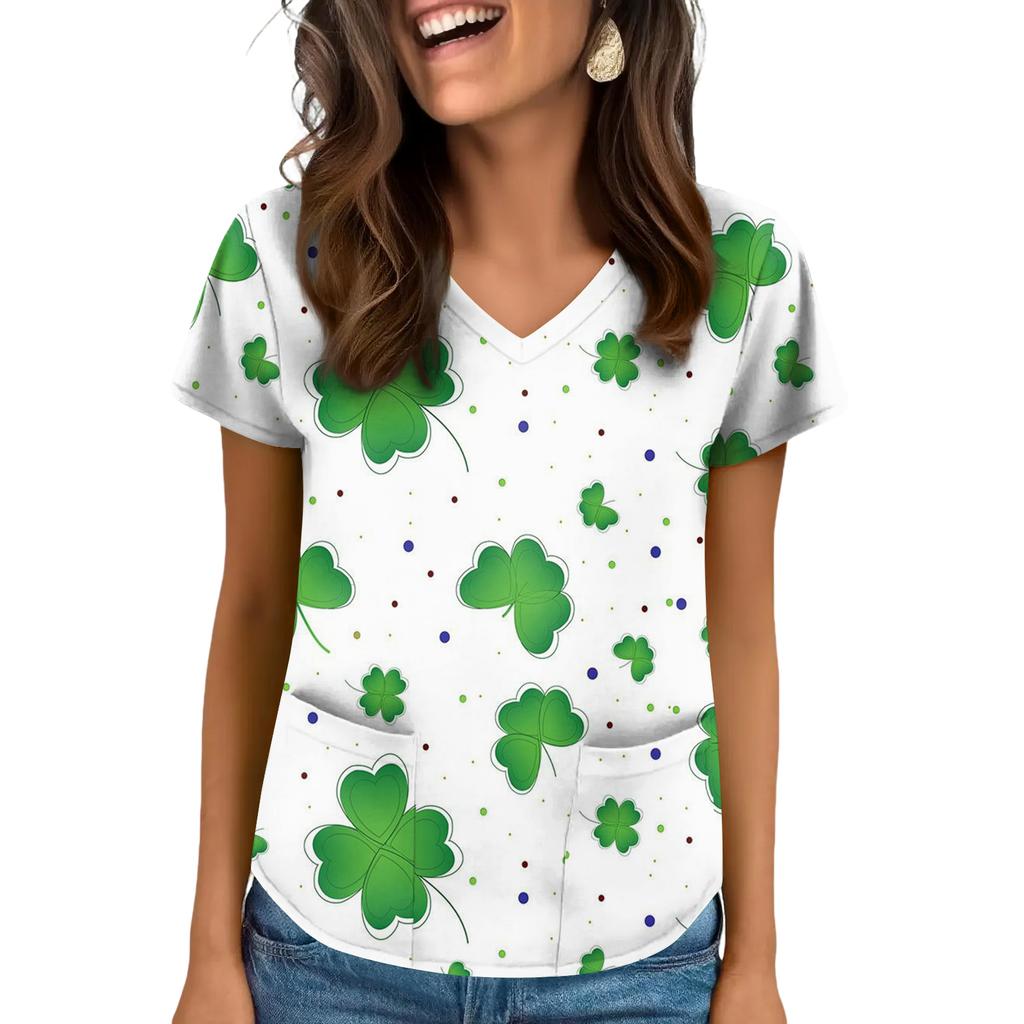 Damen V-Ausschnitt Saint Patrick's Day Print Kurzarm Tasche Seitenschlitz Top