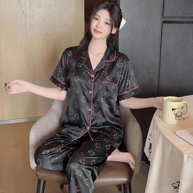 Sweet And Cool Girl Ice Silk Pajamas Women'S Summer Short-Sleeved Trousers Casual Lazy Style Loungewear Can Be Worn Outside