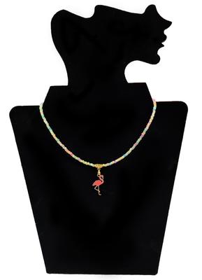 Beaded Choker with Flamingo Pendant, Handmade Necklace