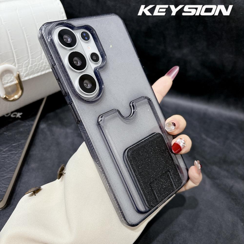 

KEYSION Card Slot Holder Bag Phone Case for Samsung Galaxy S23 S24 S25 S26 Ultra 5G S26+ Transparent Glitter Kickstand Shockproof Cover for Galaxy S26 чёрный
