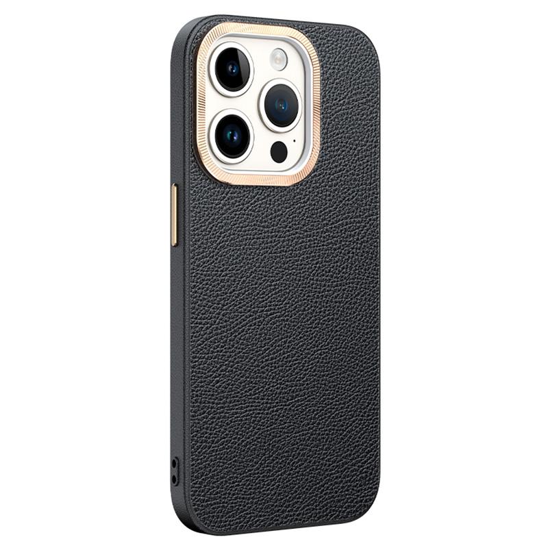 For iPhone 15 Pro PU Leather+TPU Phone Case Anti-Scratch Metal Lens Frame Cell Phone Cover