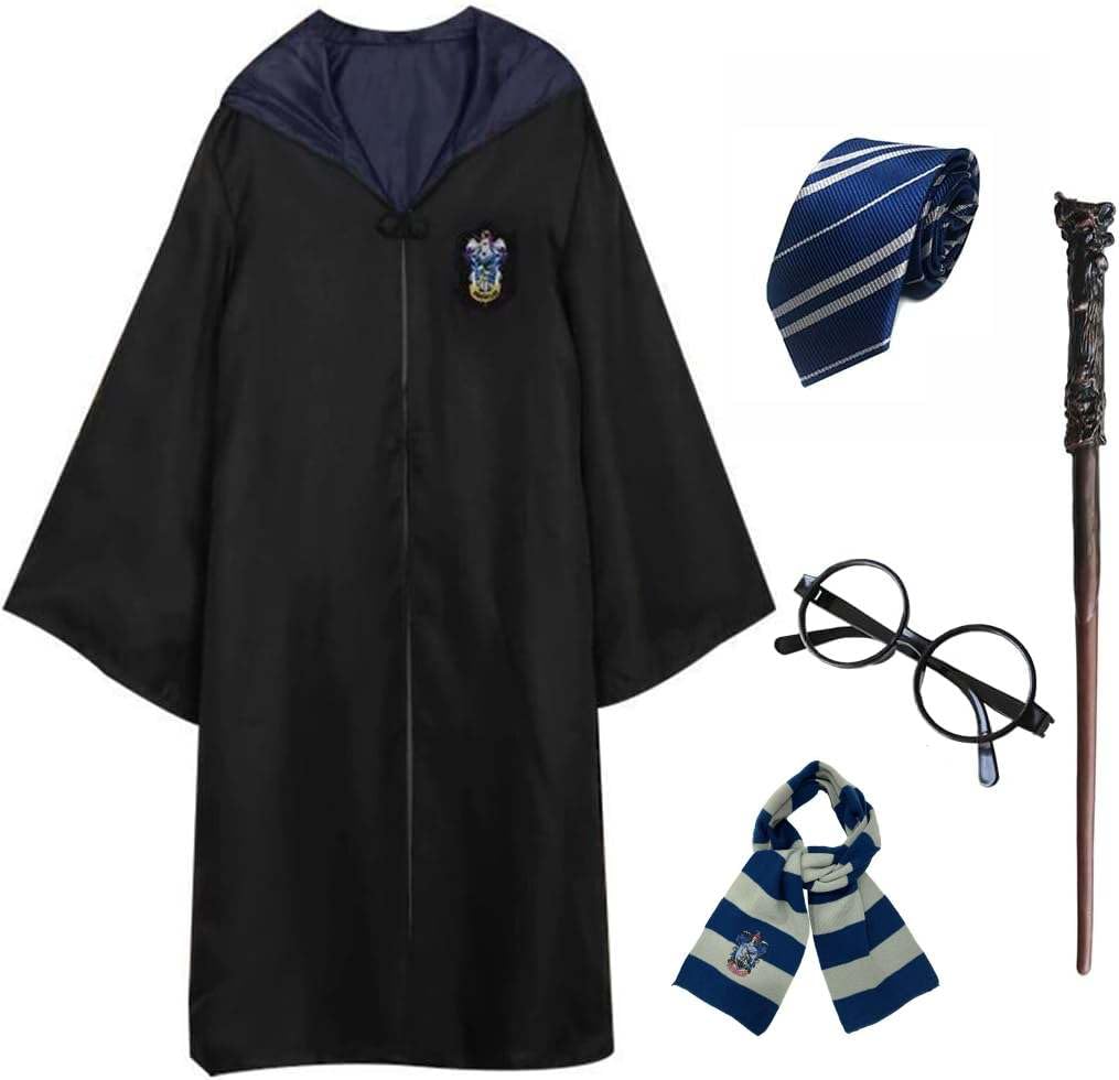 

[SCLYX] Harry Potter Gryffindor Hufflepuff Slytherin Ravenclaw Cosplay Costume 5-Piece Set for Adults, Unisex, Magic Robe #25021 (Ravenclaw)