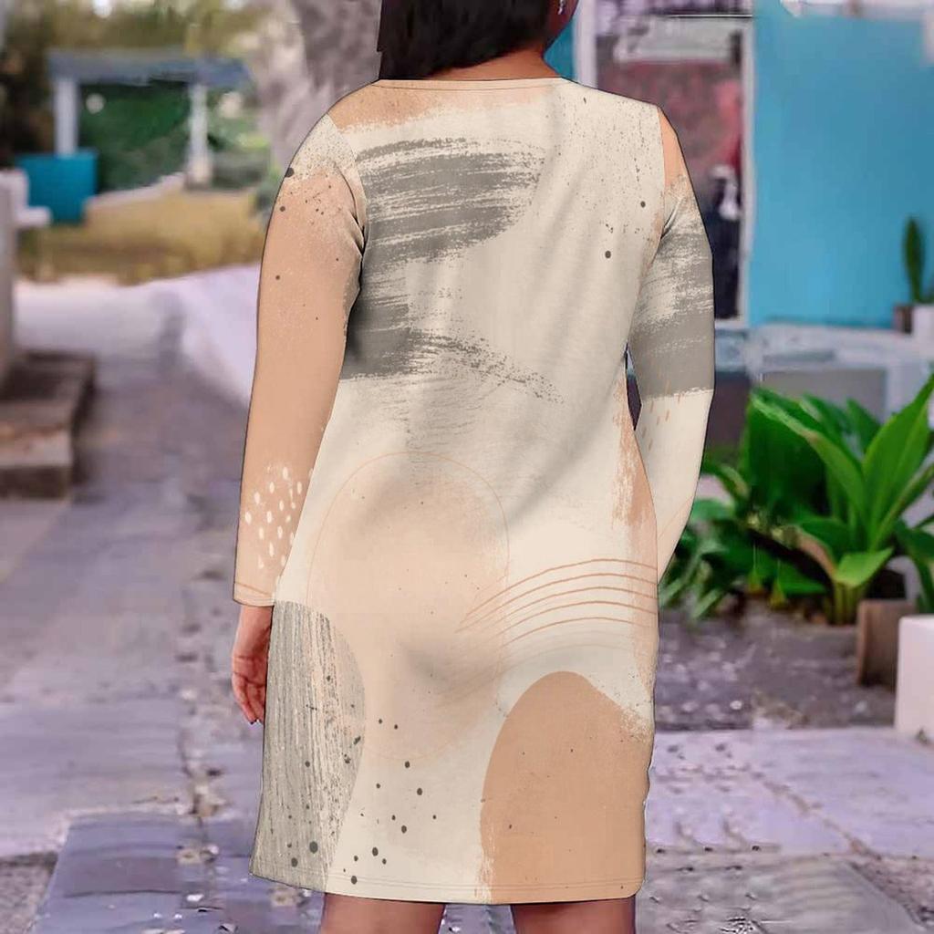 Women Plus Size V Neck Long Sleeve Printed White Fitted Dress
