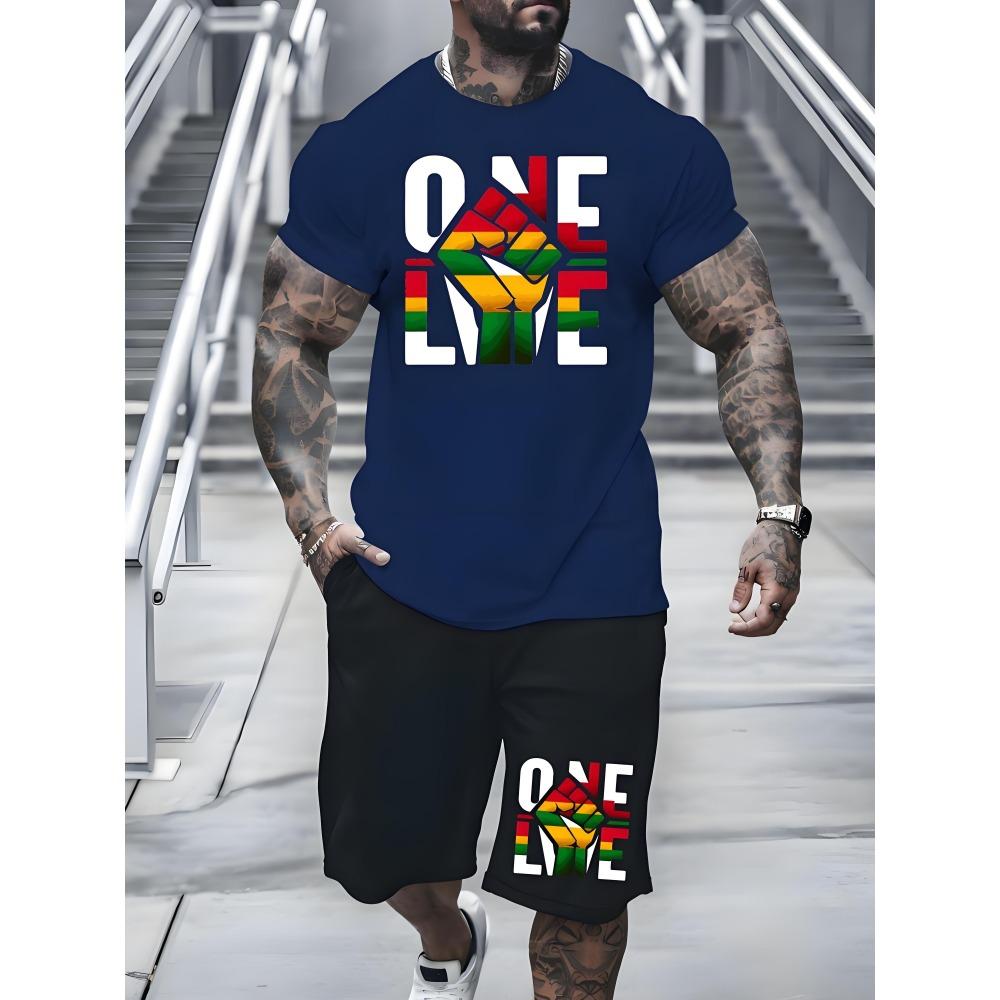 Fashion Colorful Love Graphic T-shirt Shorts Set Summer Sports Short Sleeve Shorts 2-piece Set Men's Quick Dry Sportswear Suit