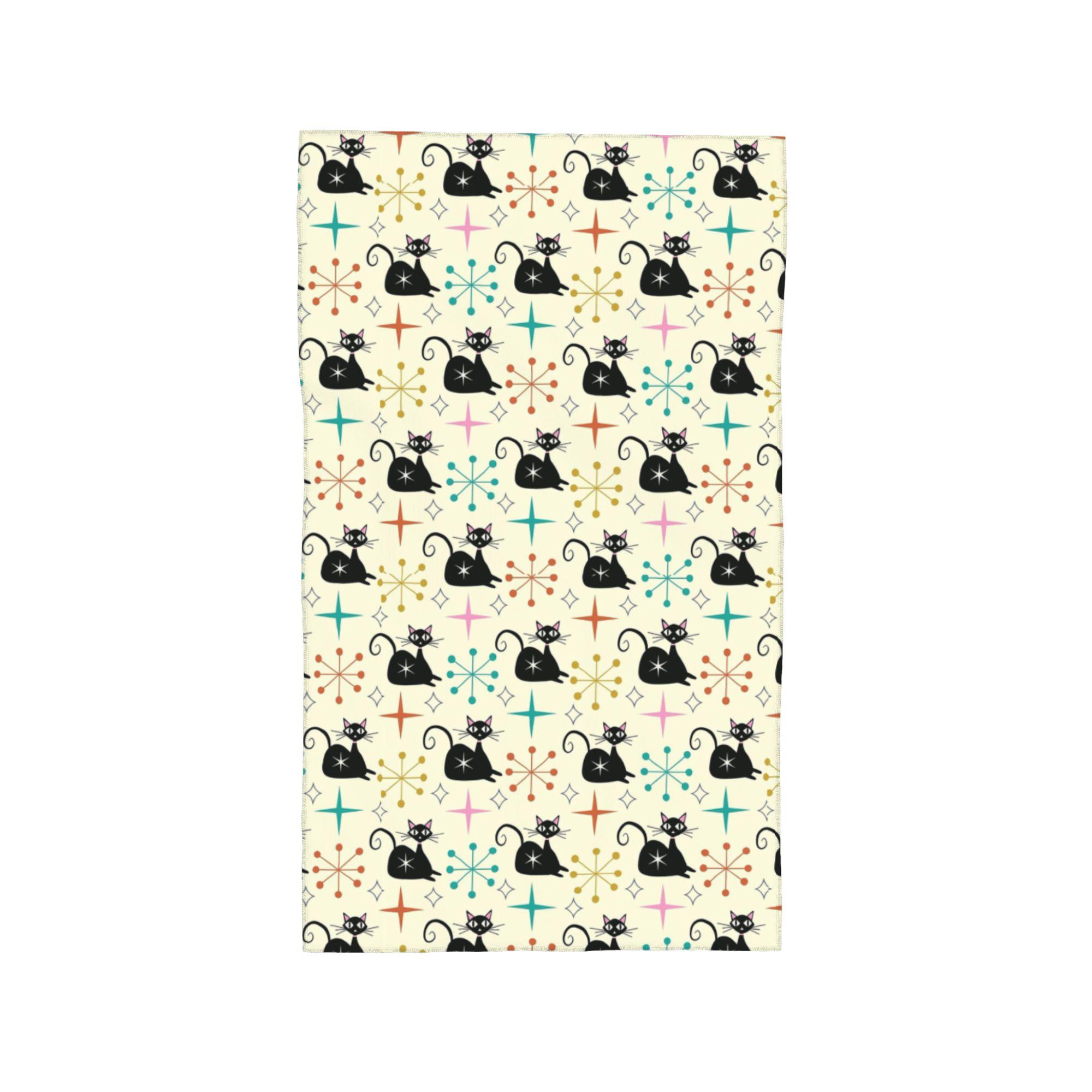 

Mid Century Black Atomic Cat with Starbursts Soft Face Towel Quick Dry Pool Bath Cotton Towels Absorbent W30*H60(CM)
