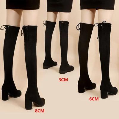 Stivali alti fino al ginocchio con cerniera elastica e tacco in finta pelle scamosciata da donna, con lacci a tubo, neri, Botas Mujer