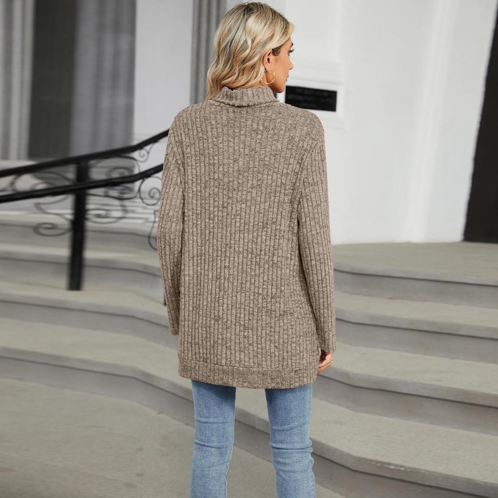 2024 High-Neck Loose Long-Sleeve Slit T-Shirt for Women: Autumn/Winter Collection