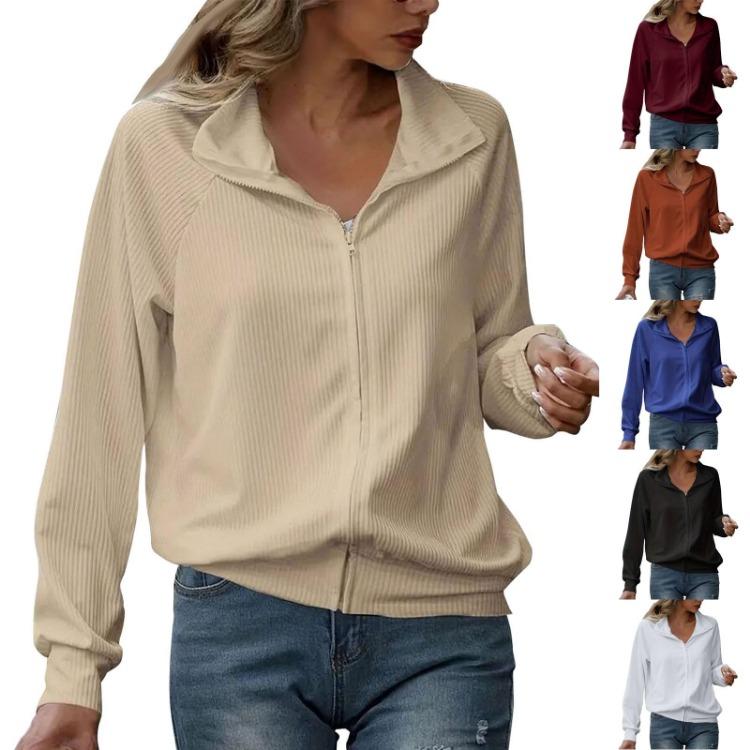 Women's Casual Loose Knitted Solid Color Zipper Coat Long Sleeved Jacket