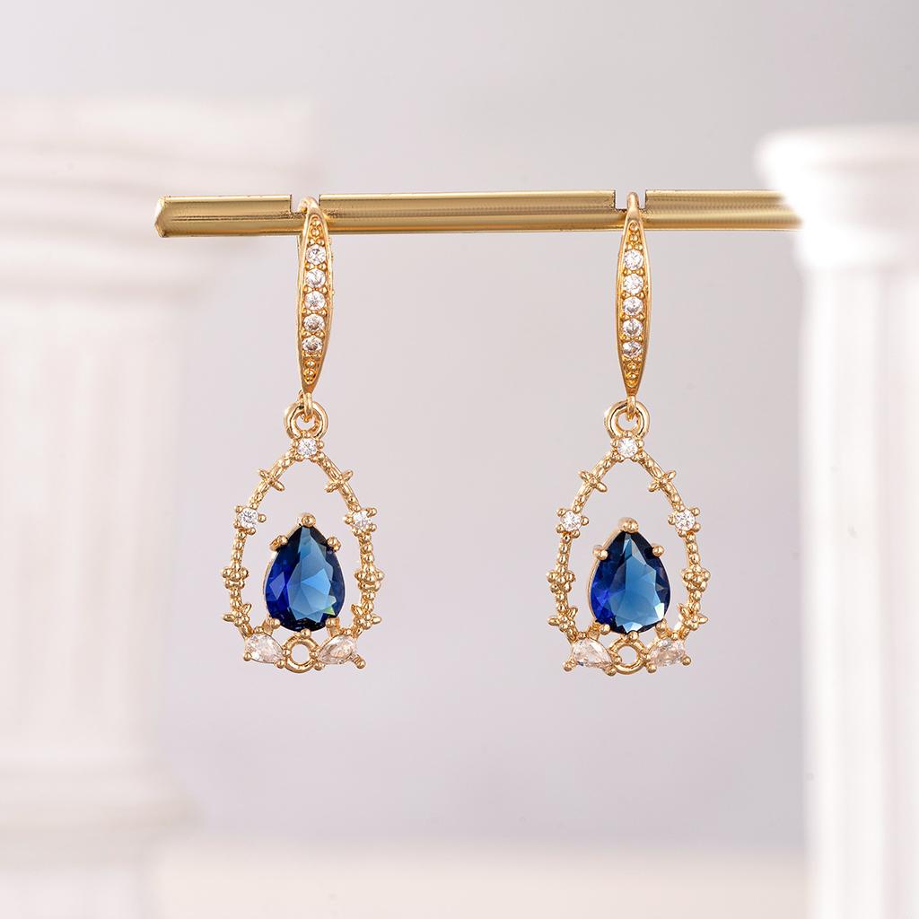Luxurious Female Green/blue Zircon Earrings Vintage Bridal Wedding Earrings Classic Gold Color Small Drop Earrings for Women