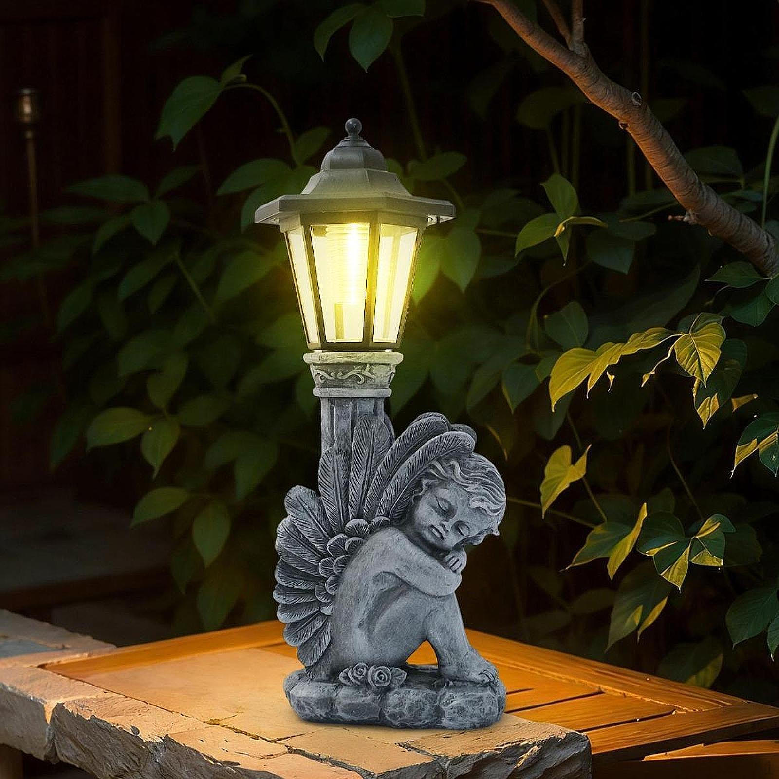 Angel Garden Statue Figurine with Solar Lights Ornament Resin Sculpture for Yard Right Angel
