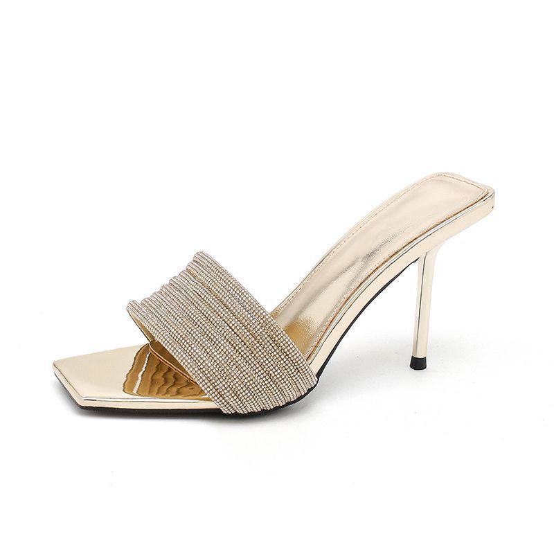 Fashion Bling Bling Luxury Crystal Square Toe Women Slippers Sandals Fashion Narrow Band Stiletto High Heels Mules Slides Modern Shoes