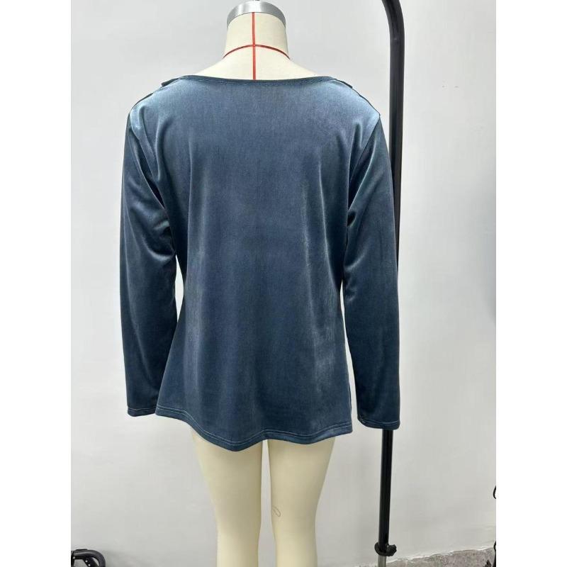 Women's Solid Color Velvet Long Sleeve T-shirt, Sexy Cowl Neck Casual Top