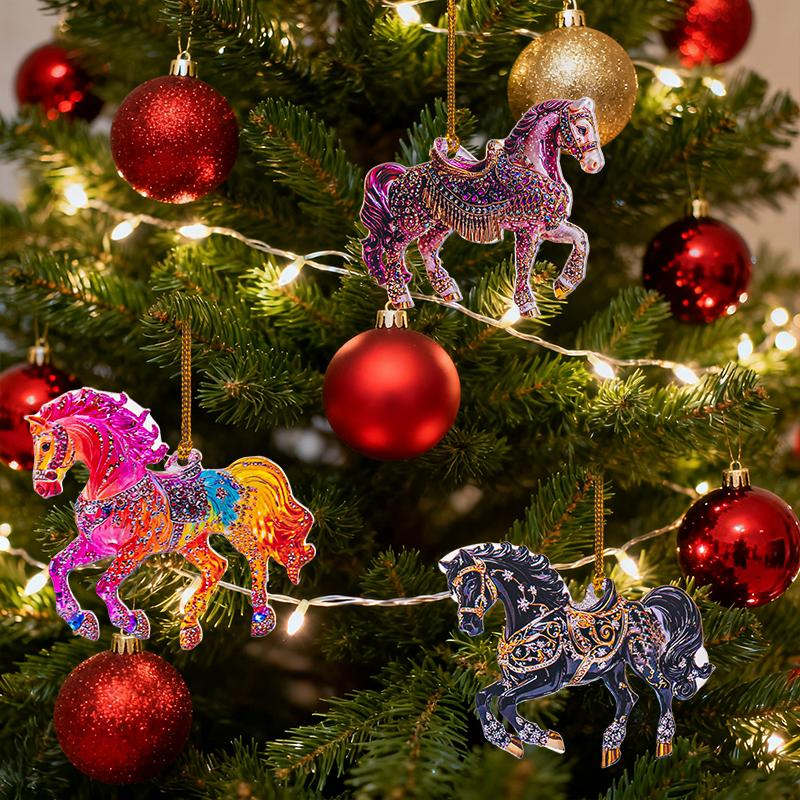 Tree Christmas Horse Hanging Ornaments 2D Acrylic Horse Car Rearview Mirror Pendant Xmas Drop Ornaments Home Navidad Decor Gift