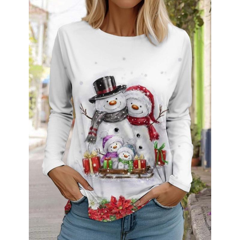 

Рождественская женская футболка с длинным рукавом и 3D-узором «Снеговик», осенняя новая мода 2024 года, женский топ, пуловер Harajuku, одежда 8XL