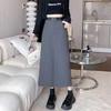 Women's Gray Midi Skirt - 2024 Spring/Autumn Collection: High Waist, Slimming Draped A-Line with Slit.