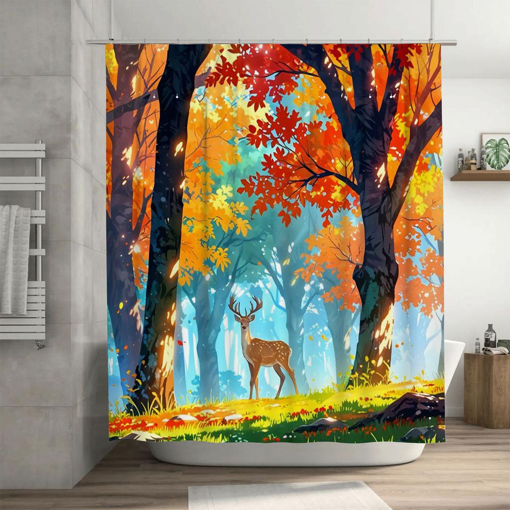 Autumn Forest Deer Design Waterproof Shower Curtain Heat Resistant Machine Washable Non-Transparent 180x180cm