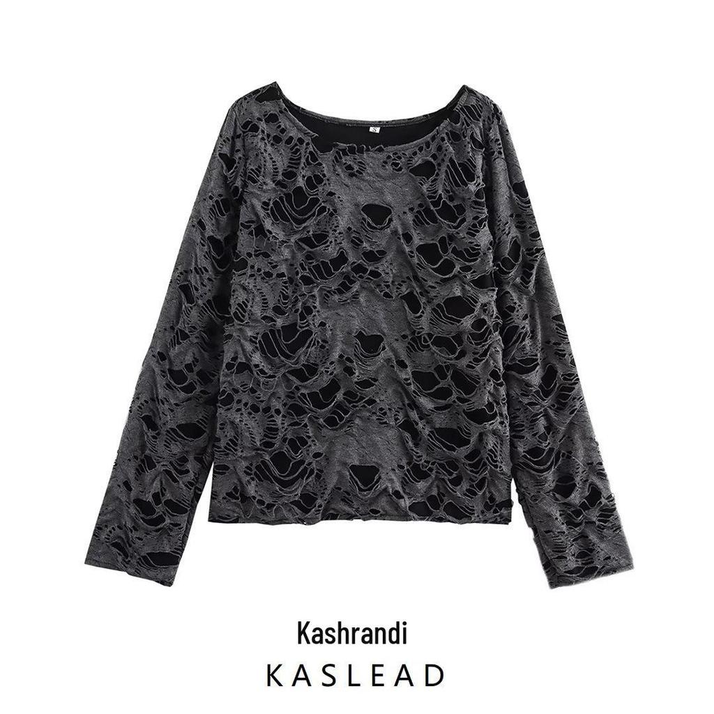 2024 Winter Women's Retro Ripped Long Sleeve Crew Neck Top - European & American Style