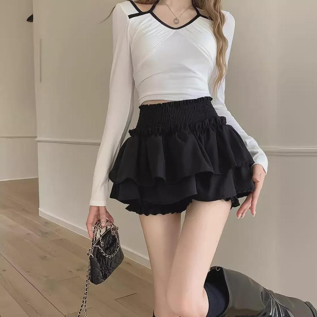 Women's Black Ballet-Style Pleated A-line Skirt with High Waist and Built-in Anti-Exposure Shorts