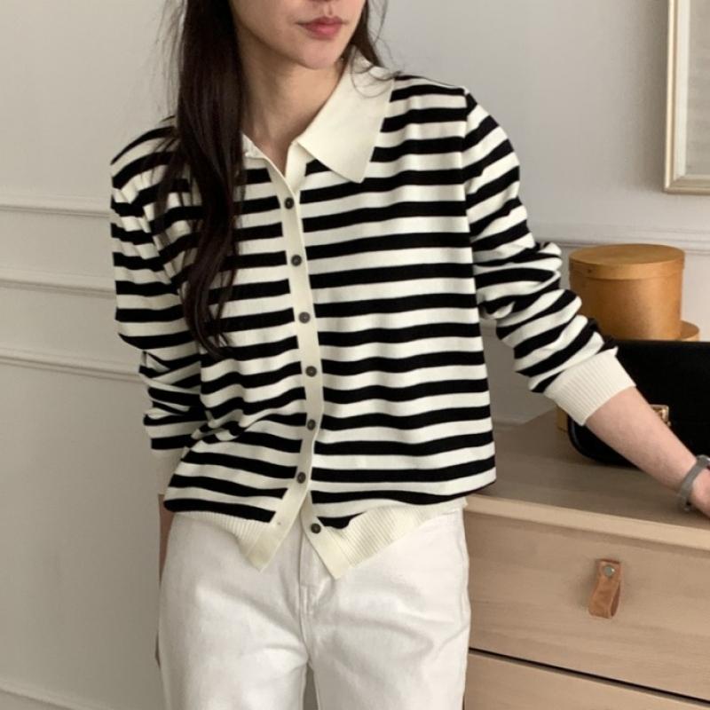 Shop   Women S Collared Button Striped lS Knit Cardigan Brown 21dS Wcd260094