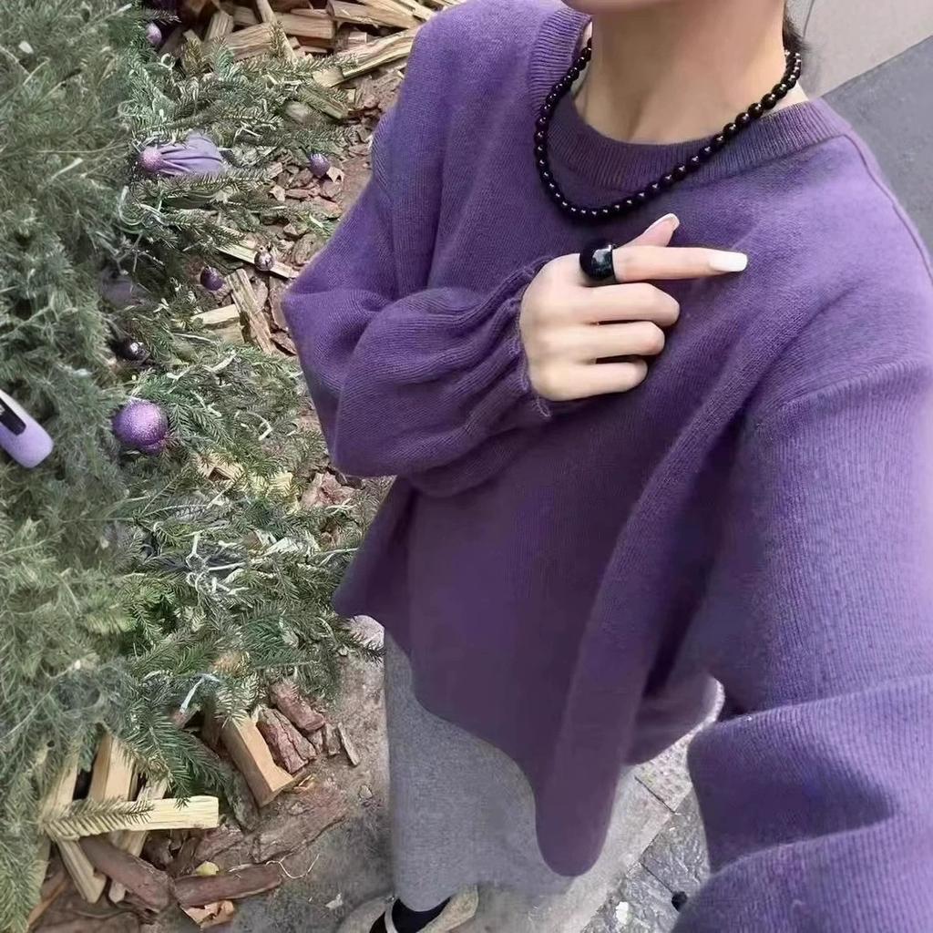 Crew Neck Retro Cuff Pleated Knitted Sweater Women's Autumn and Winter New Versatile Loose Soft Waxy Solid Color Pullover Sweater