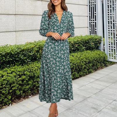 Women's Floral Print Maxi Dress Long Sleeve V Neck High Waist