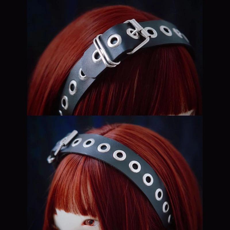 Gothic Punk Leather Buckle Hair Hoop Rivet Headband Harajuku Women Girl Dark Black Punk Hip Hop Rock Hairbands Hair Accessories