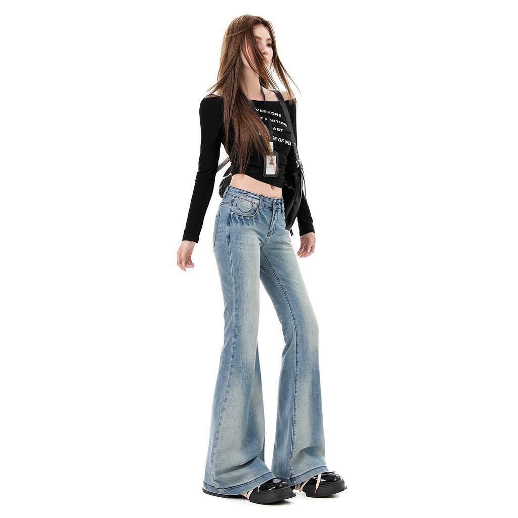 Light blue American retro heavy industry washing water low waist slightly pull versatile slim elastic horn jeans children