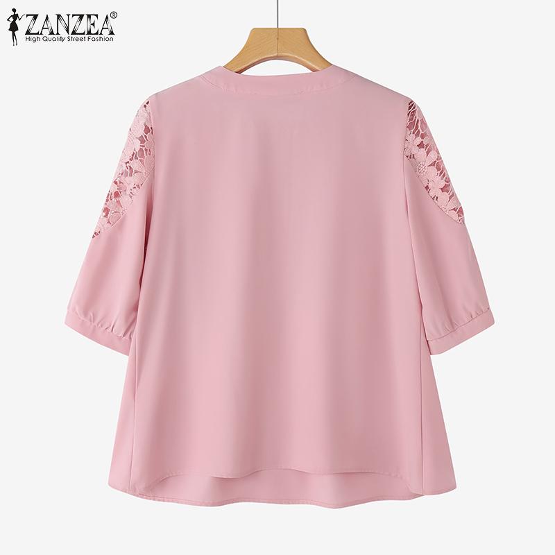 ZANZEA Womens Casual Lace Patchwork Round Neck Half Sleeve Blouse